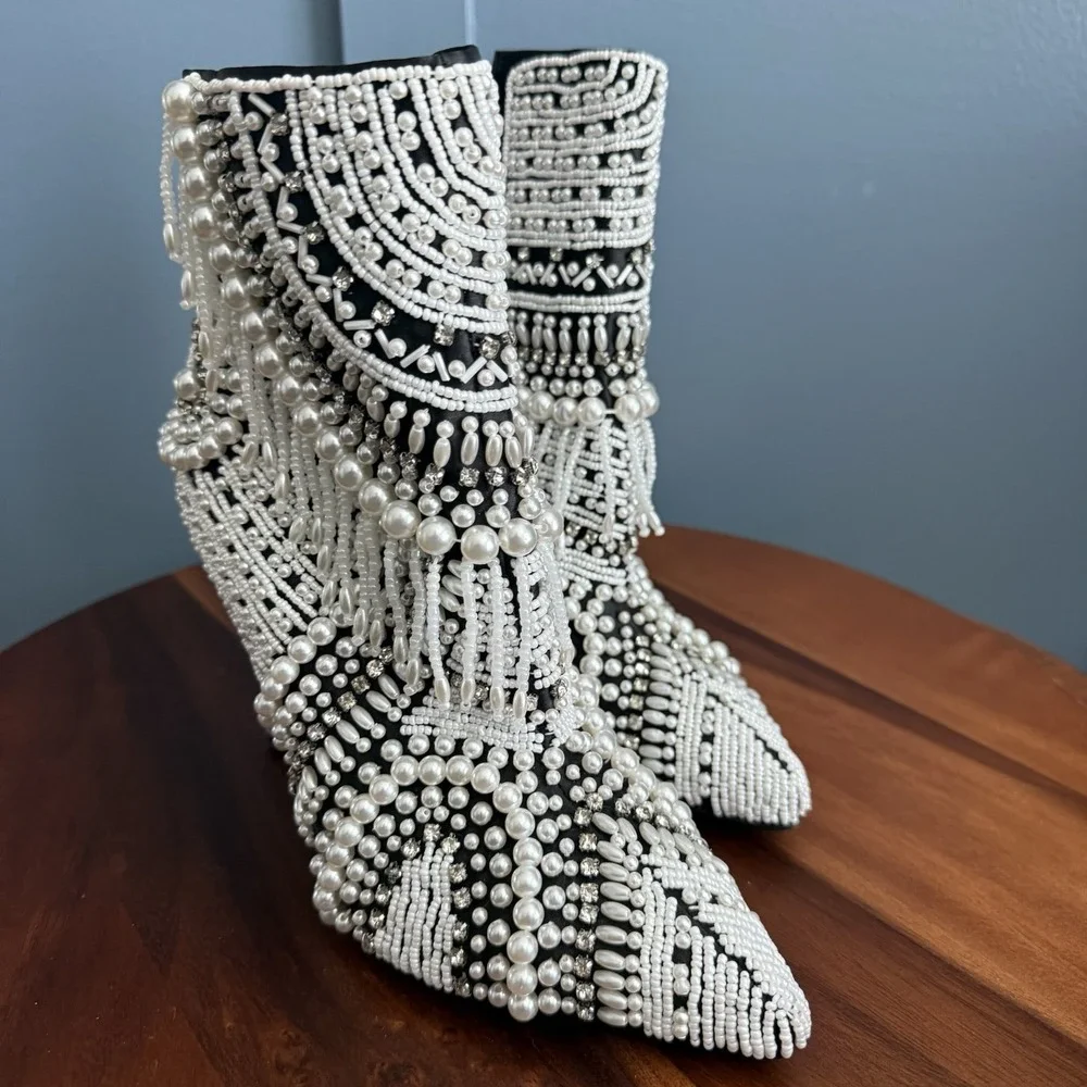 Azalea Wang Pearl Booties Women's 8.5 Stiletto Rhinestone Maximalist Bridal